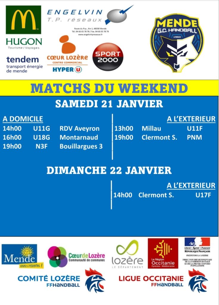Programme du weekend du 21 & 22 Janvier 2023 MGC Handball